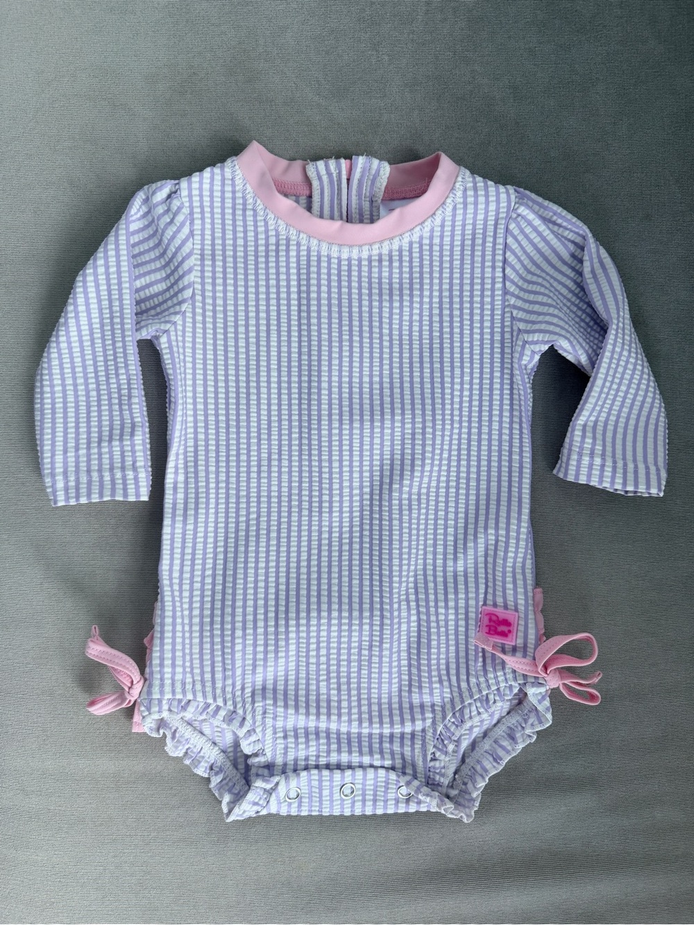 Ruffle Butts Lavender Seersucker Long-Sleeve One-Piece Swimsuit 3-6 EUC